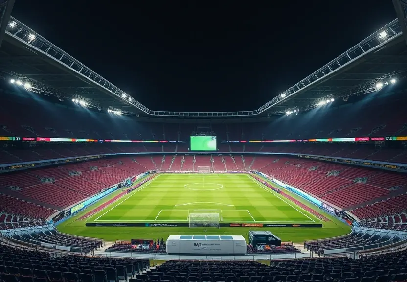 Estádio de futebol vazio à noite, com os refletores acesos